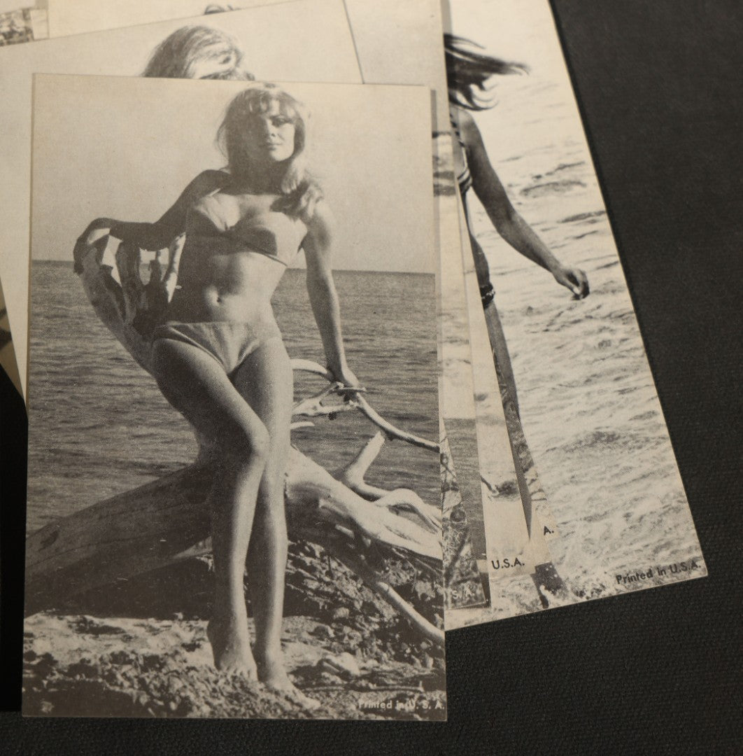 Grouping of 17 Vintage Bikini Pinup Arcade Cards Marked Printed in USA, Swimwear Photography