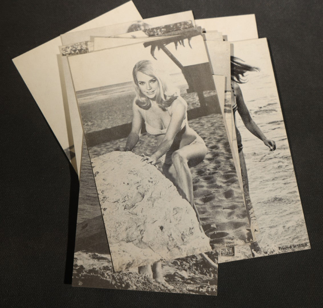 Grouping of 17 Vintage Bikini Pinup Arcade Cards Marked Printed in USA, Swimwear Photography