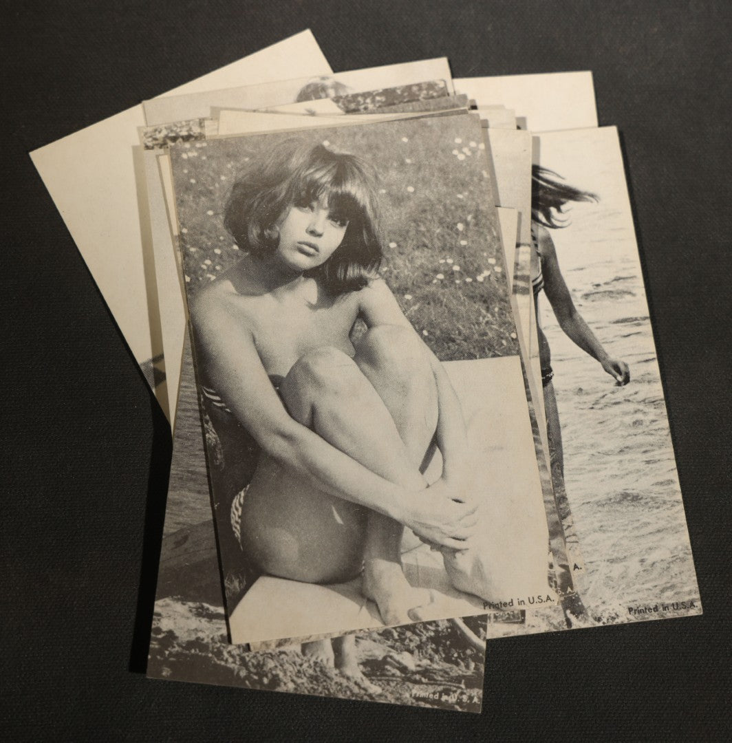 Grouping of 17 Vintage Bikini Pinup Arcade Cards Marked Printed in USA, Swimwear Photography