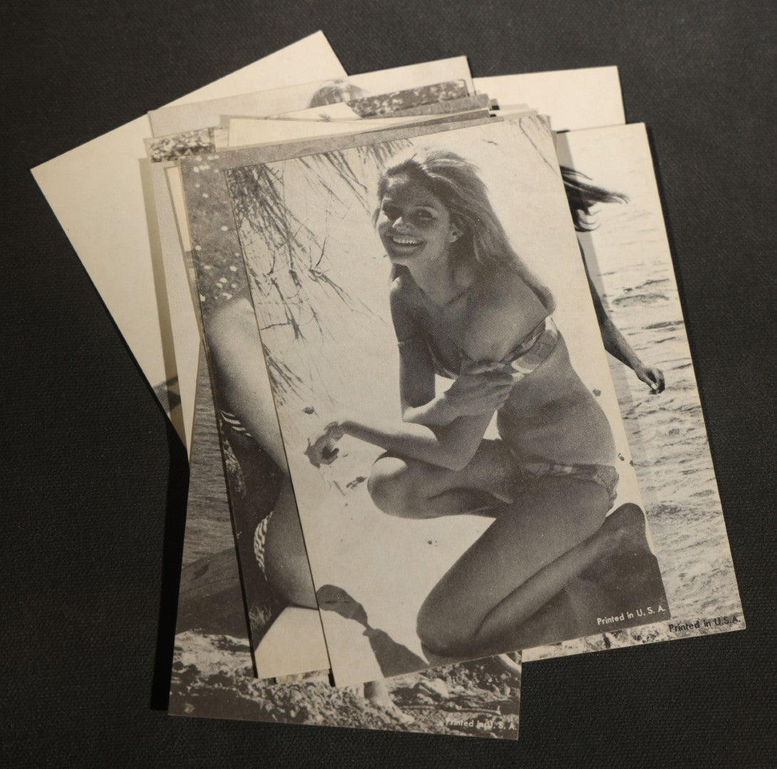 Grouping of 17 Vintage Bikini Pinup Arcade Cards Marked Printed in USA, Swimwear Photography