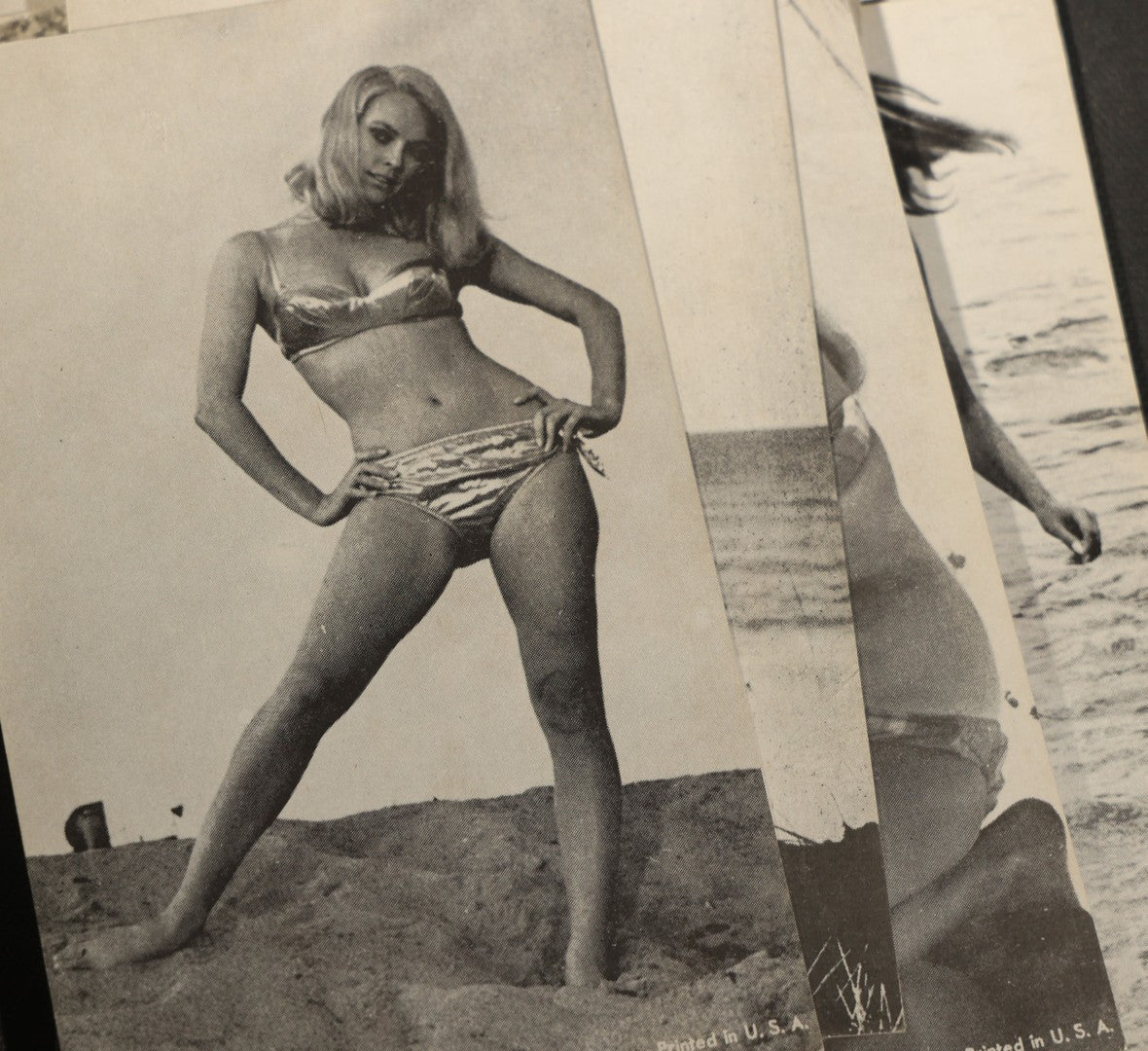 Grouping of 17 Vintage Bikini Pinup Arcade Cards Marked Printed in USA, Swimwear Photography