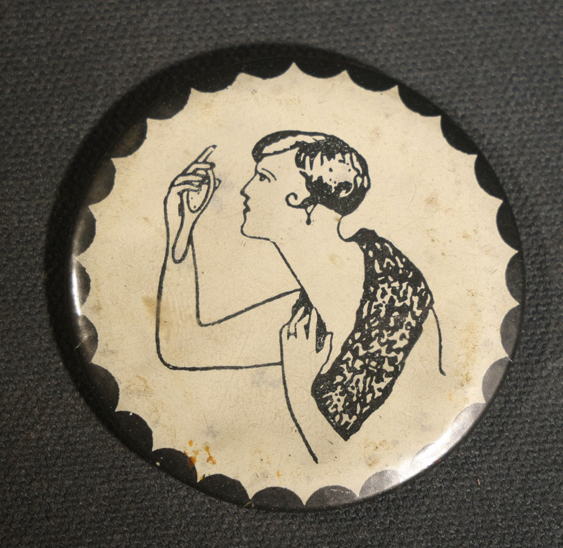 Vintage Metamorphic Flipper Pocket Mirror with Risqué Optical Illusion of Woman in Patterned Dress