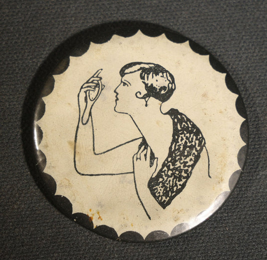 Vintage Metamorphic Flipper Pocket Mirror with Risqué Optical Illusion of Woman in Patterned Dress