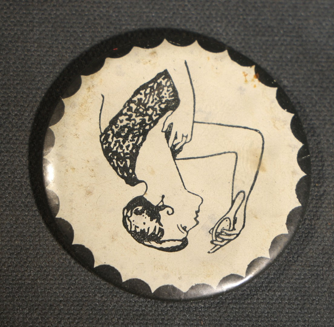 Vintage Metamorphic Flipper Pocket Mirror with Risqué Optical Illusion of Woman in Patterned Dress