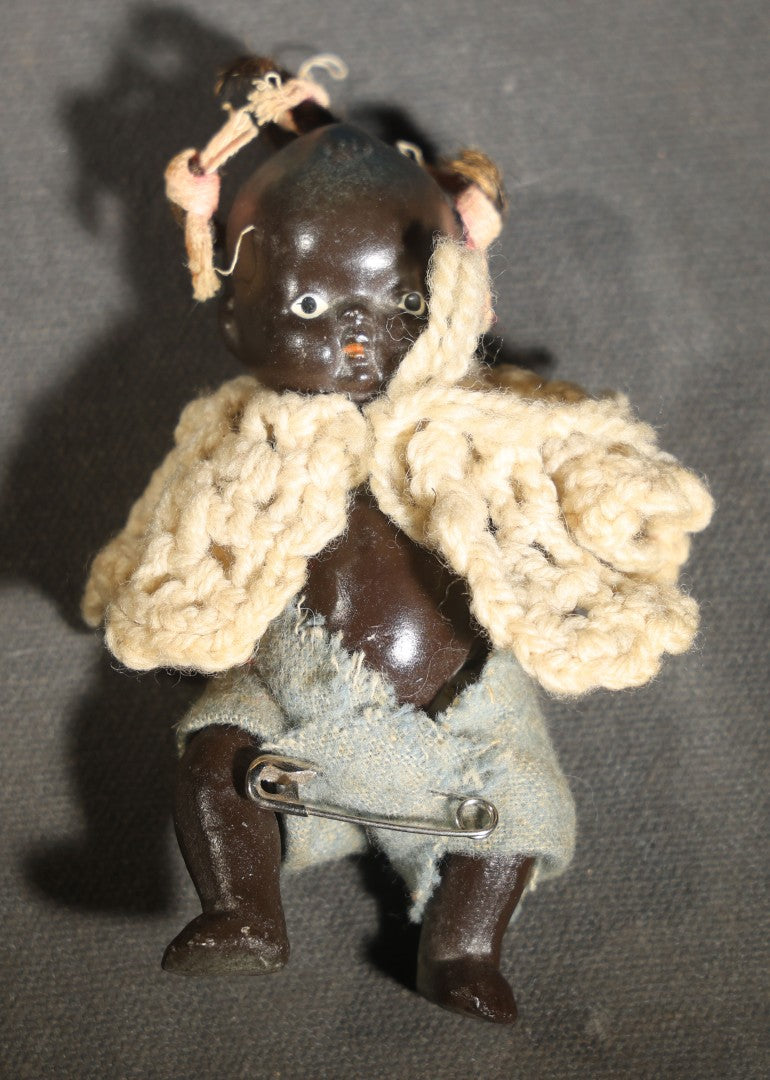 Vintage Miniature Composition Black Baby Doll with Crocheted Shawl and Fabric Diaper