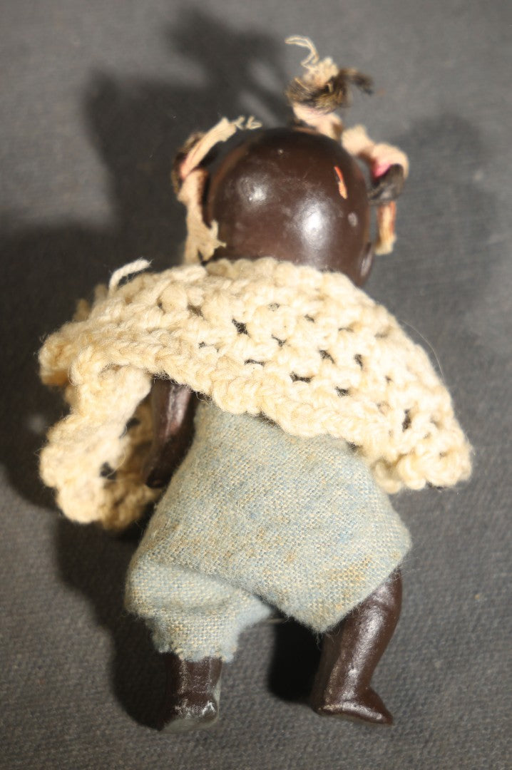 Vintage Miniature Composition Black Baby Doll with Crocheted Shawl and Fabric Diaper