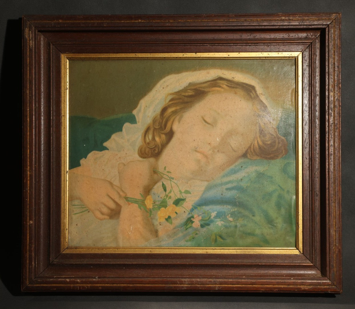 Antique Chromolithograph Print after "Fast Asleep" by Sophie Gengembre Anderson, 1870, depicting sleeping child with flowers