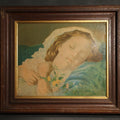 Lot 047 - Antique Chromolithograph Print after "Fast Asleep" by Sophie Gengembre Anderson, 1870, depicting sleeping child with flowers, 16-1/2" W x 14-1/2" H