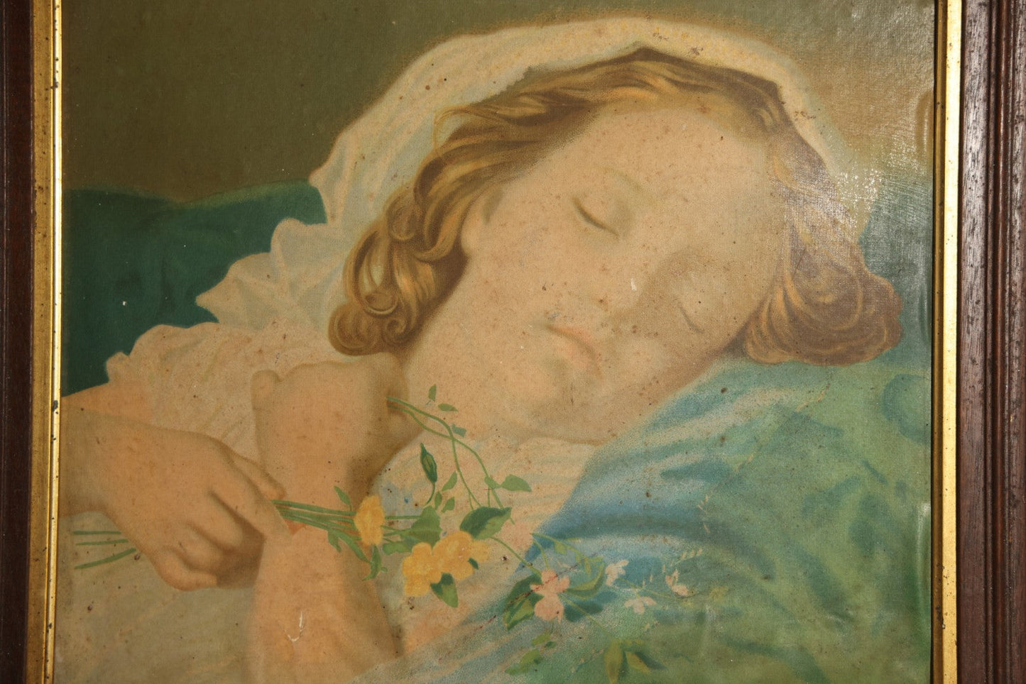 Antique Chromolithograph Print after "Fast Asleep" by Sophie Gengembre Anderson, 1870, depicting sleeping child with flowers