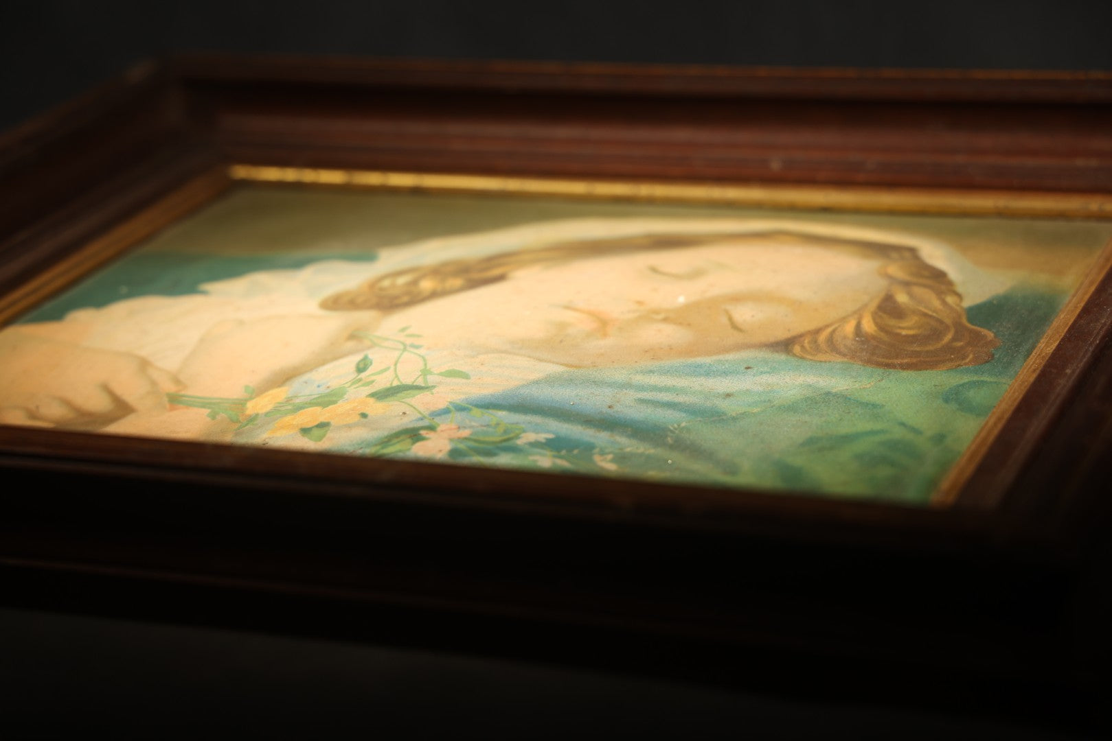 Antique Chromolithograph Print after "Fast Asleep" by Sophie Gengembre Anderson, 1870, depicting sleeping child with flowers
