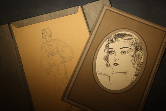 Vintage Fashion Portrait Pencil and Pen Drawings in Folder, Female Figures, dated November 25, 1932