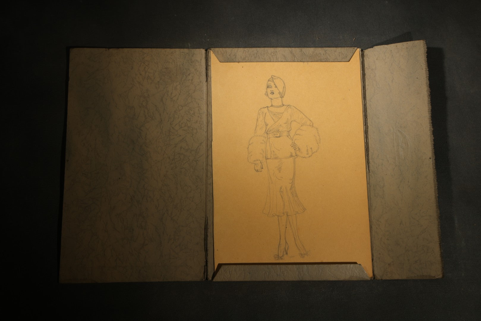 Vintage Fashion Portrait Pencil and Pen Drawings in Folder, Female Figures, dated November 25, 1932