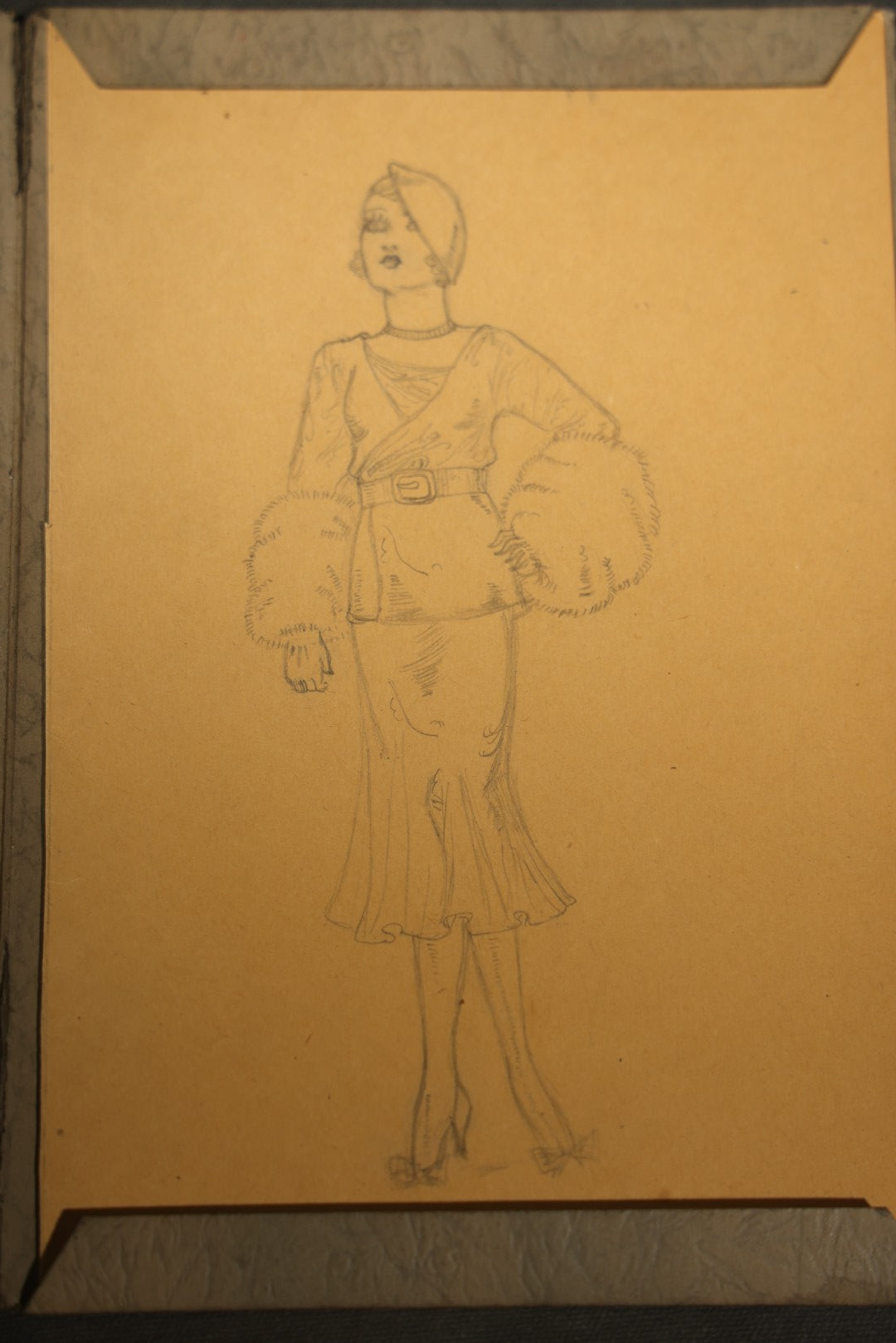 Vintage Fashion Portrait Pencil and Pen Drawings in Folder, Female Figures, dated November 25, 1932