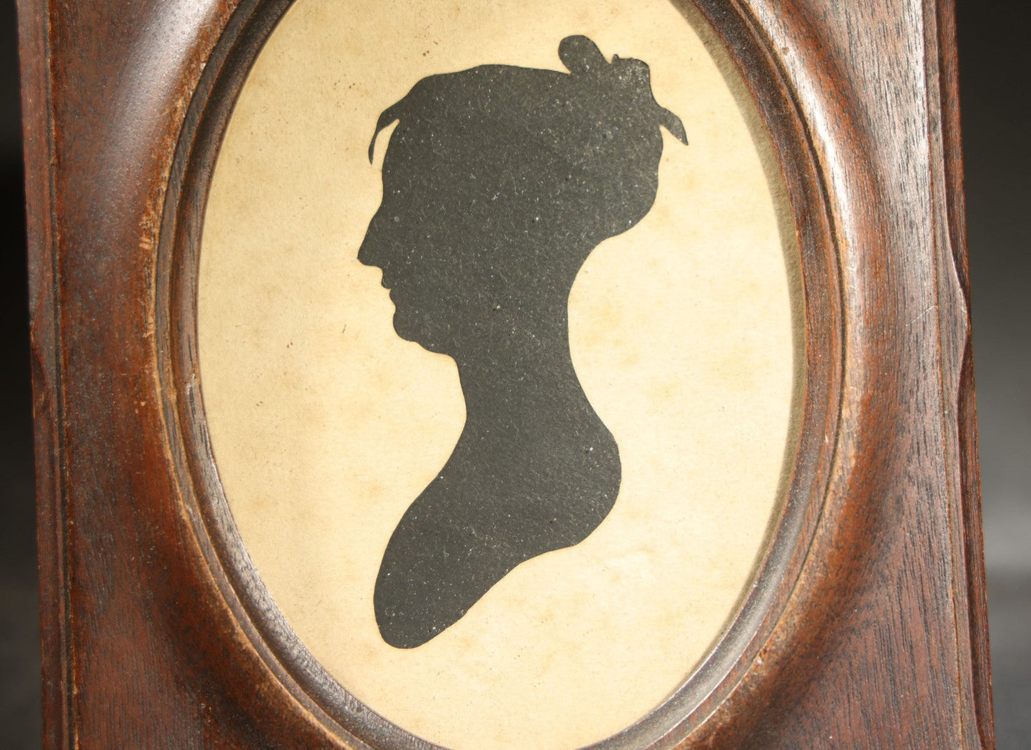Antique Silhouette Portrait Bust Profile of a Woman in Oval Wood Frame