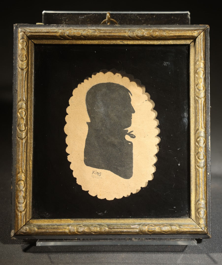 Antique Silhouette Portrait Bust Profile of a Man, signed King, attributed to william king, scalloped oval format, gilt frame