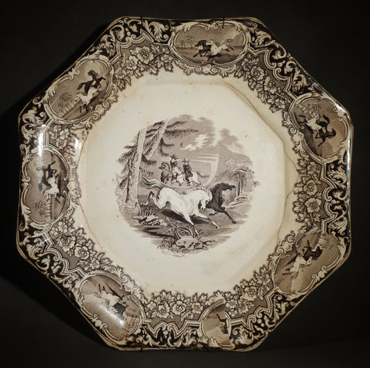 Antique Octagonal Black Transferware Plate, Central Wild Horses Scene, Border with Horse Vignettes, John Goodwin, Seacombe, Liverpool, note poor condition