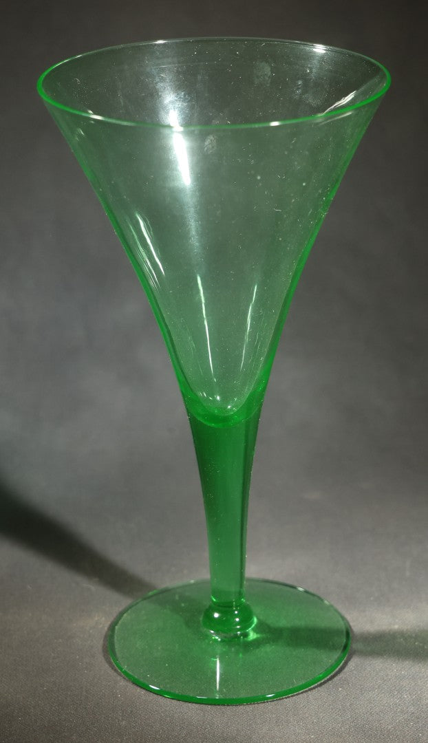 Vintage Uranium Glass Trumpet-Form Stemmed Goblet, Green Glass with UV Fluorescence