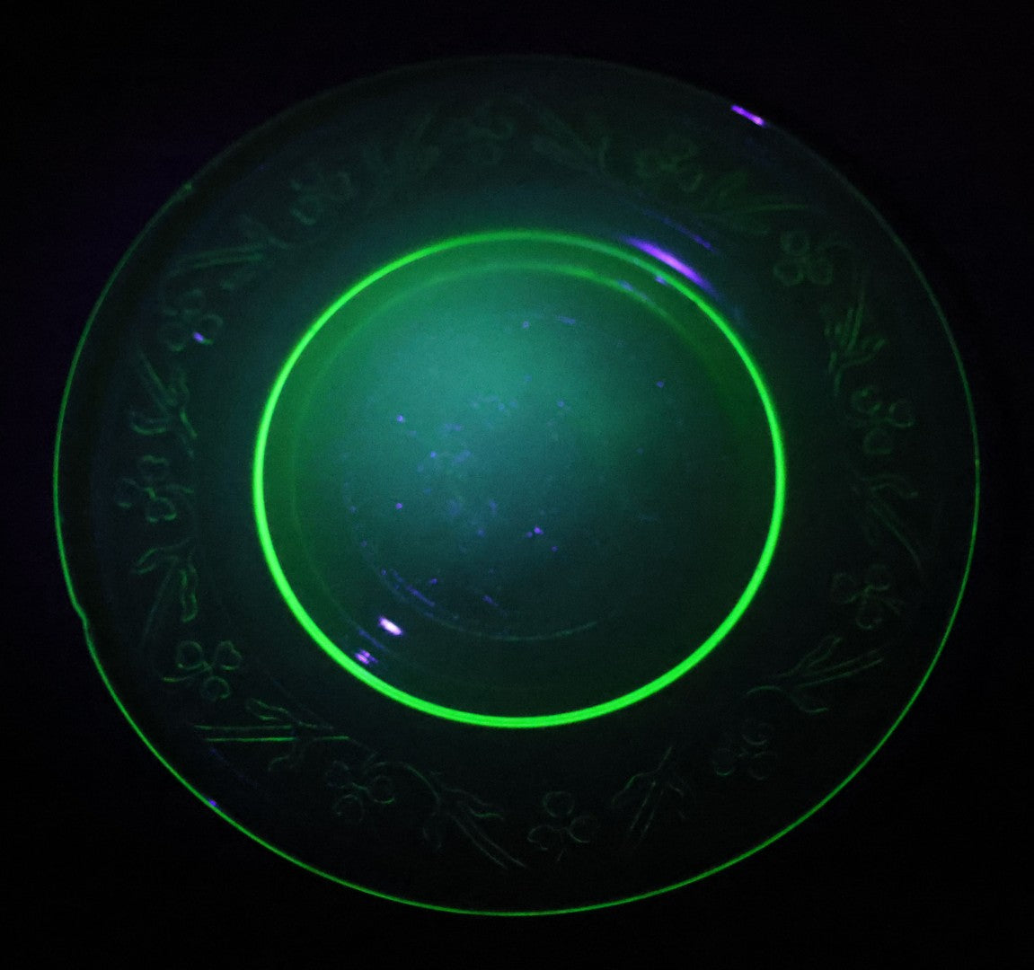 Vintage Uranium Glass Hazel Atlas Cloverleaf Pattern Plate with Embossed Shamrocks, Note Chipped