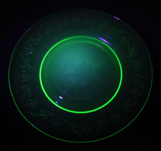 Vintage Uranium Glass Hazel Atlas Cloverleaf Pattern Plate with Embossed Shamrocks, Note Chipped