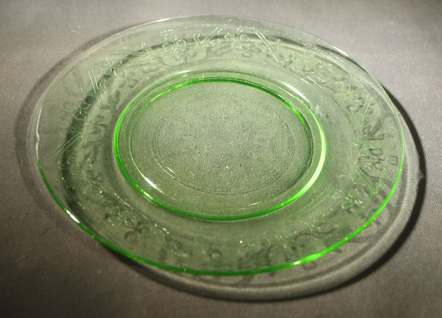 Vintage Uranium Glass Hazel Atlas Cloverleaf Pattern Plate with Embossed Shamrocks, Note Chipped