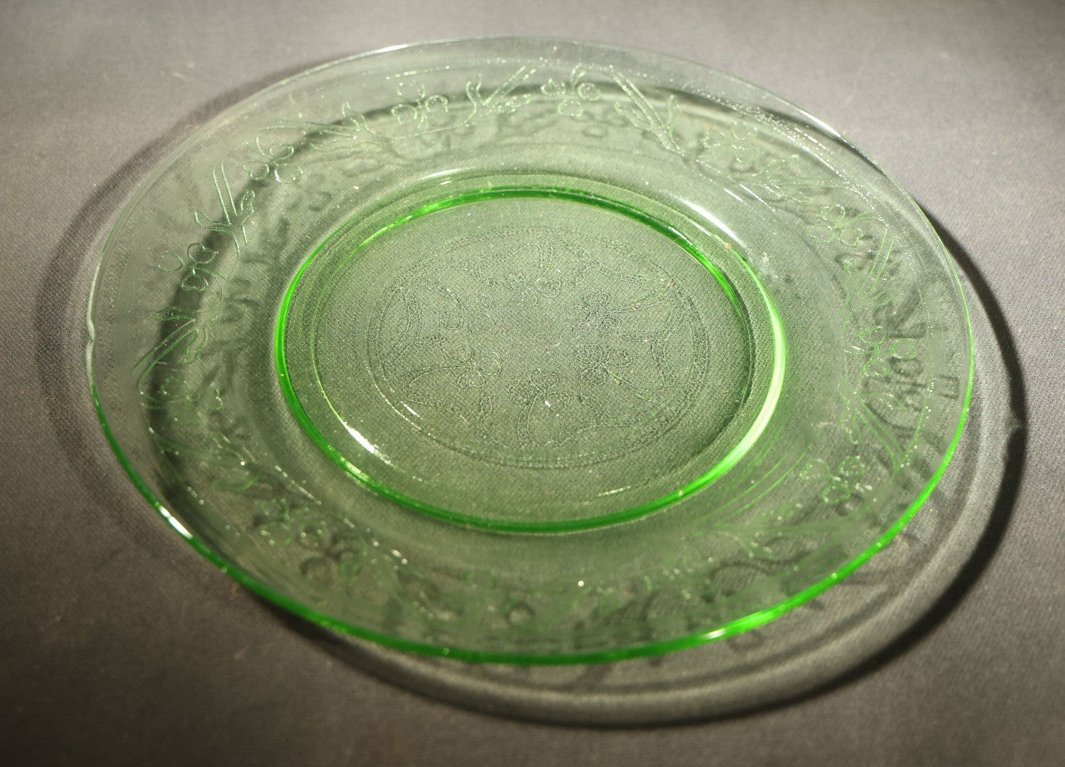 Vintage Uranium Glass Hazel Atlas Cloverleaf Pattern Plate with Embossed Shamrocks, Note Chipped