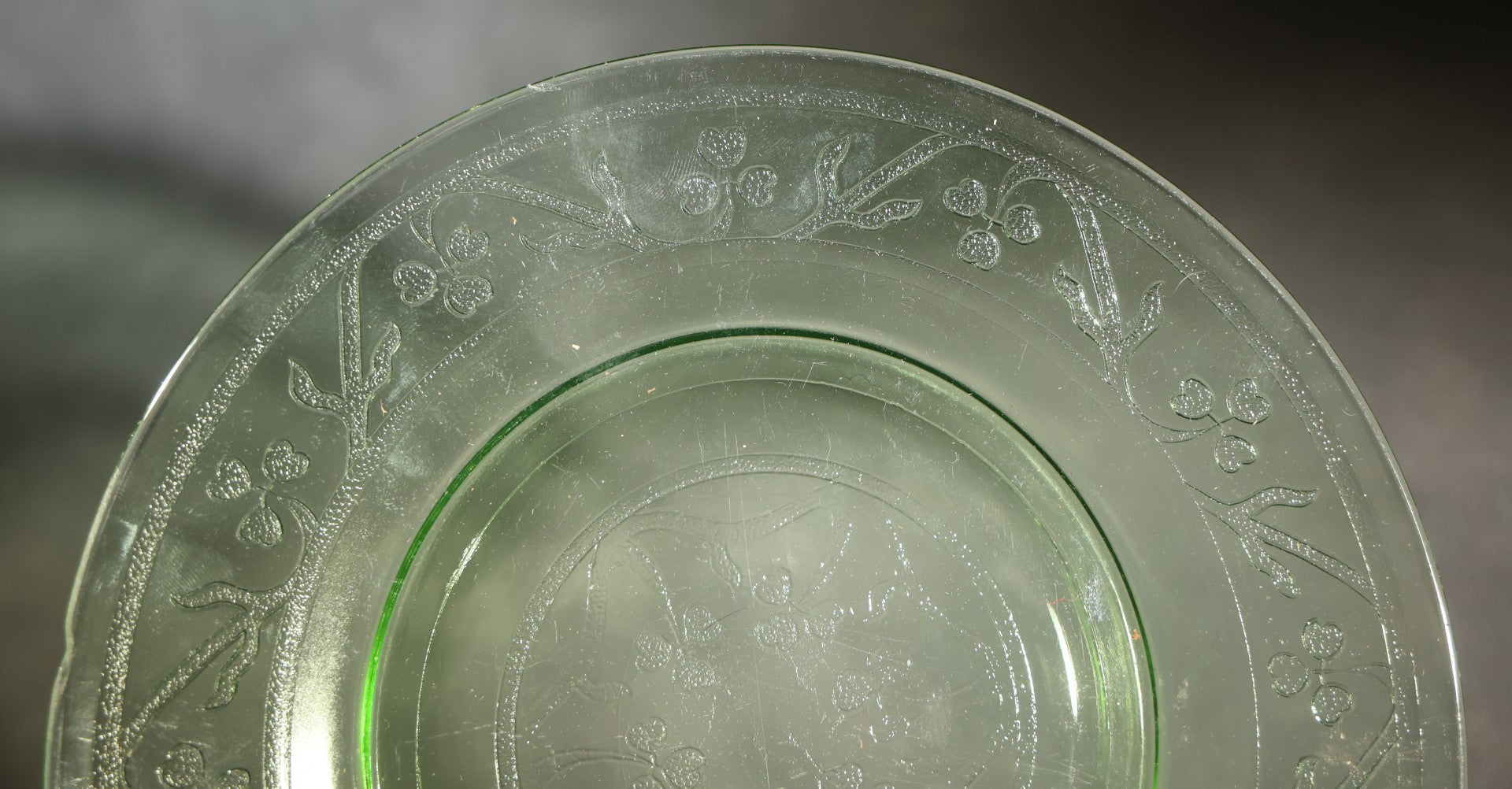 Vintage Uranium Glass Hazel Atlas Cloverleaf Pattern Plate with Embossed Shamrocks, Note Chipped