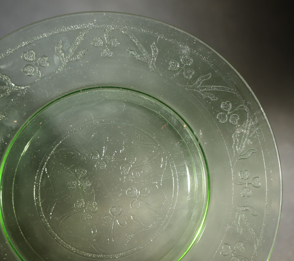 Vintage Uranium Glass Hazel Atlas Cloverleaf Pattern Plate with Embossed Shamrocks, Note Chipped