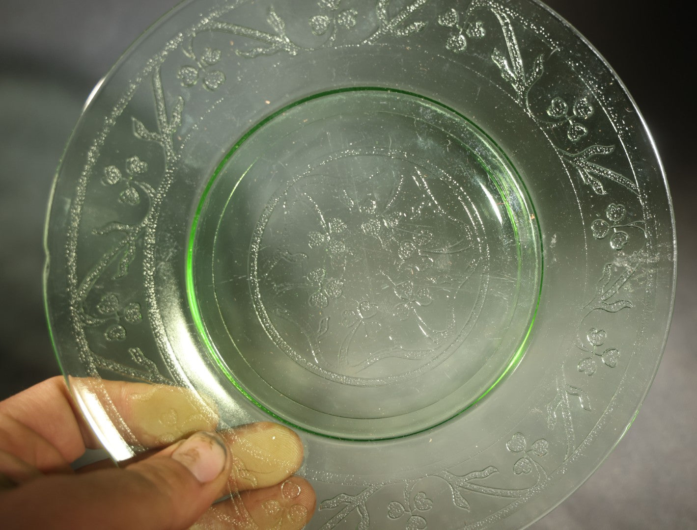 Vintage Uranium Glass Hazel Atlas Cloverleaf Pattern Plate with Embossed Shamrocks, Note Chipped