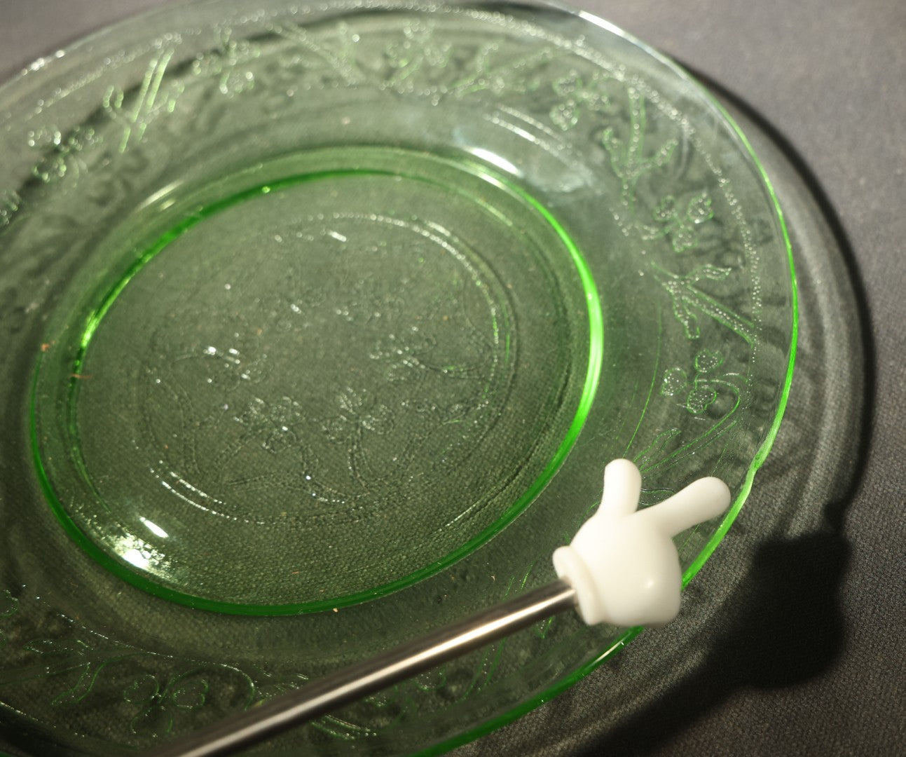Vintage Uranium Glass Hazel Atlas Cloverleaf Pattern Plate with Embossed Shamrocks, Note Chipped