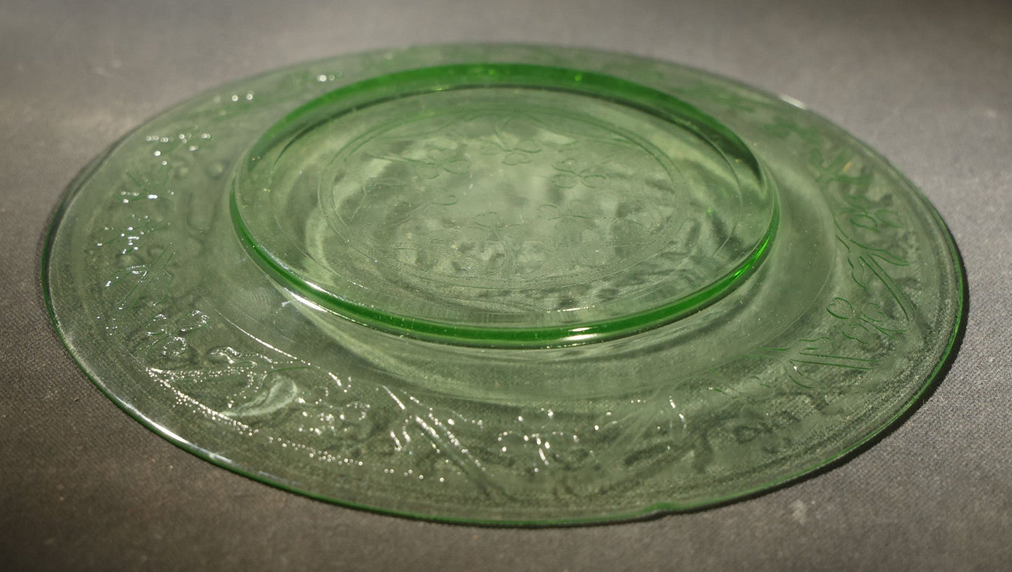 Vintage Uranium Glass Hazel Atlas Cloverleaf Pattern Plate with Embossed Shamrocks, Note Chipped