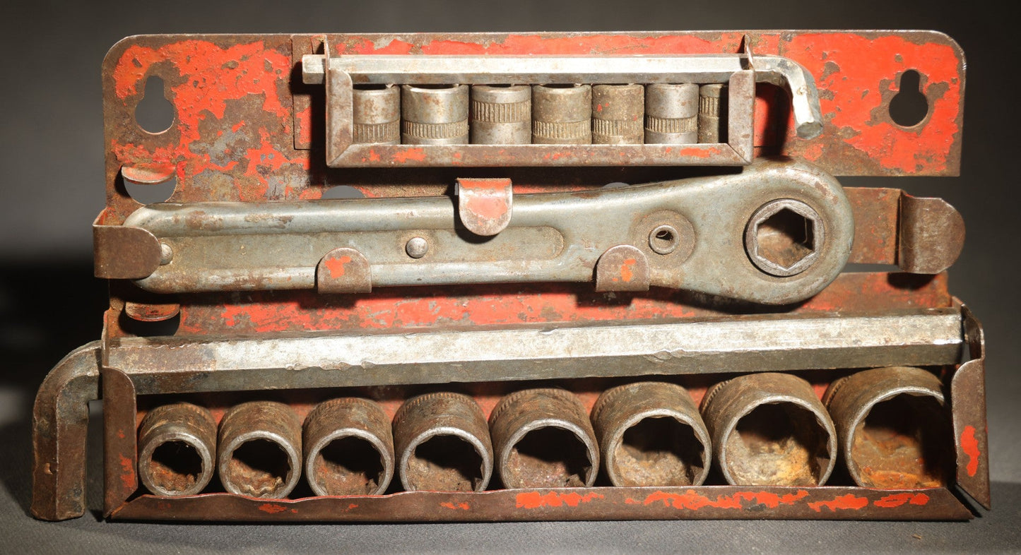 Vintage Ratcheting Socket Wrench Set with 15 Sockets in Metal Case with Orange Paint
