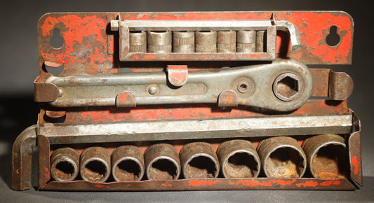 Vintage Ratcheting Socket Wrench Set with 15 Sockets in Metal Case with Orange Paint