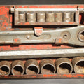 Lot 056 - Vintage Ratcheting Socket Wrench Set with 15 Sockets in Metal Case with Orange Paint