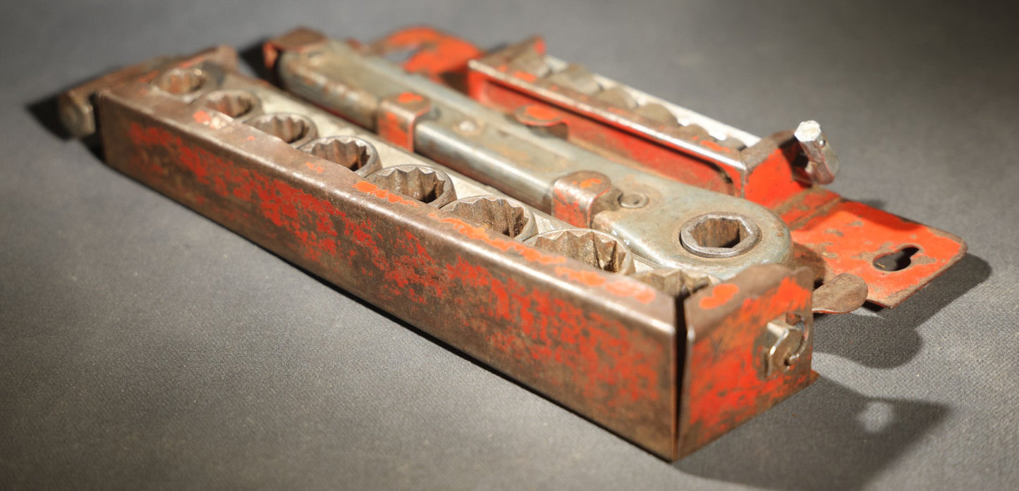 Vintage Ratcheting Socket Wrench Set with 15 Sockets in Metal Case with Orange Paint