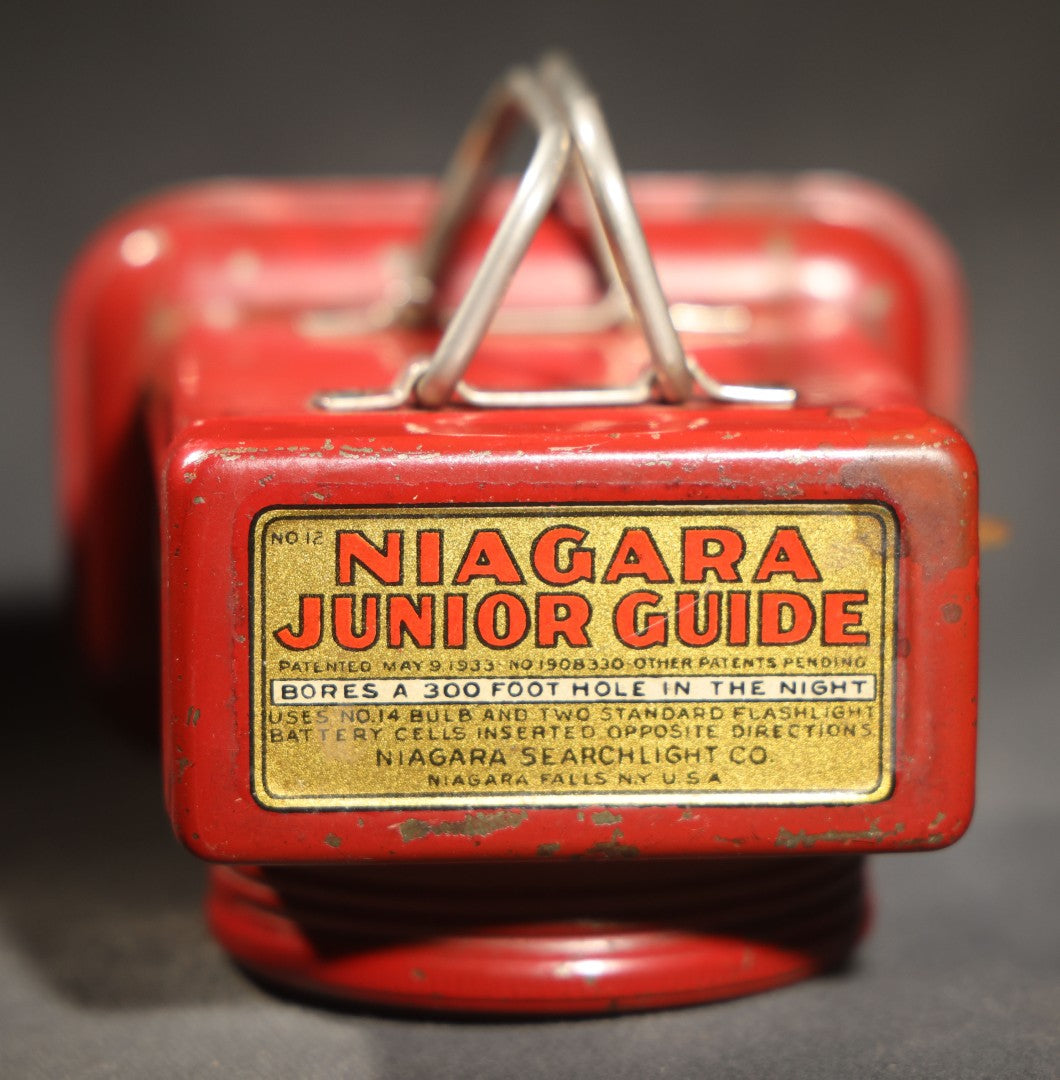 Vintage Niagara Junior Guide Red Metal Flashlight, Patented 1933, Niagara Searchlight Co., Niagara Falls, New York, Untested