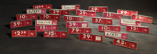 Grouping of 27 Vintage Ben Franklin Store Price Tags, Red and White, Clip-On or Free-Standing Display