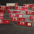 Lot 059 - Grouping of 27 Vintage Ben Franklin Store Price Tags, Red and White, Clip-On or Free-Standing Display