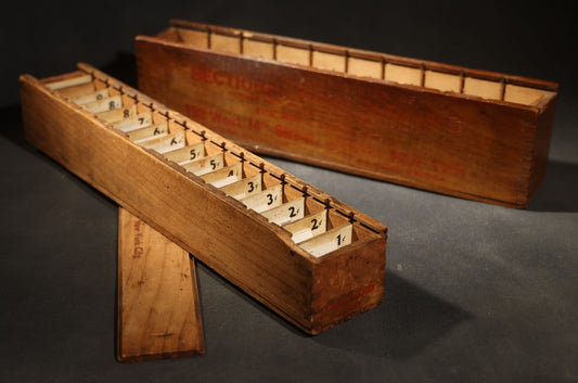 Pair of Antique Price Tag Number Sets in Wooden Storage Boxes, Patented July 1920