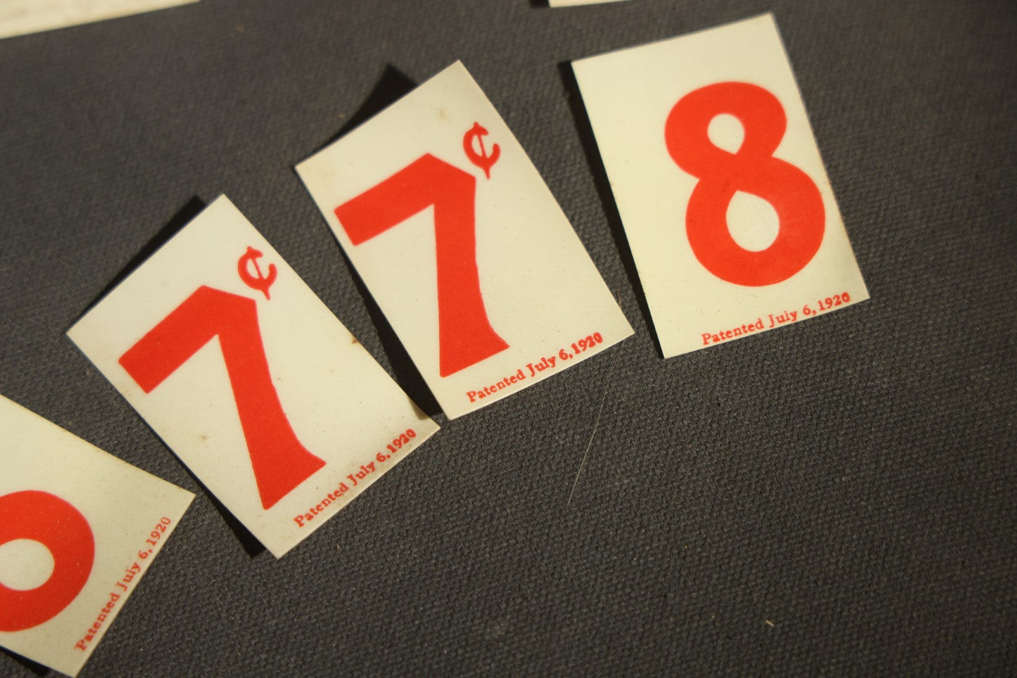 Pair of Antique Price Tag Number Sets in Wooden Storage Boxes, Patented July 1920