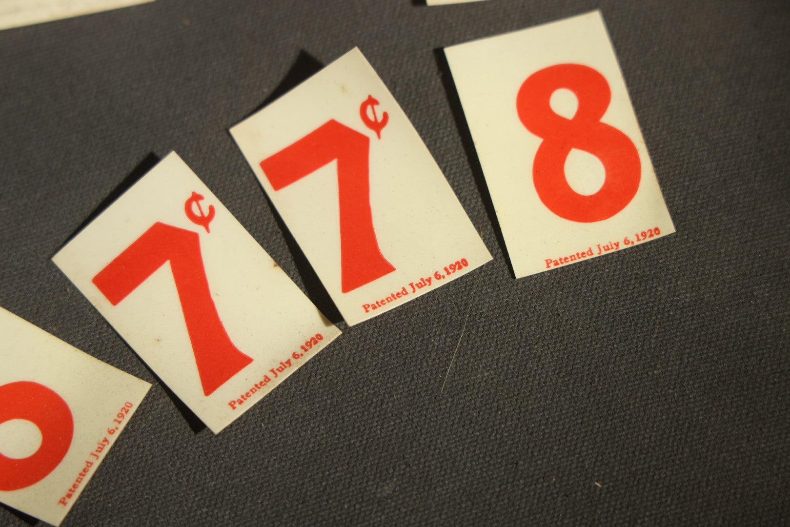 Pair of Antique Price Tag Number Sets in Wooden Storage Boxes, Patented July 1920