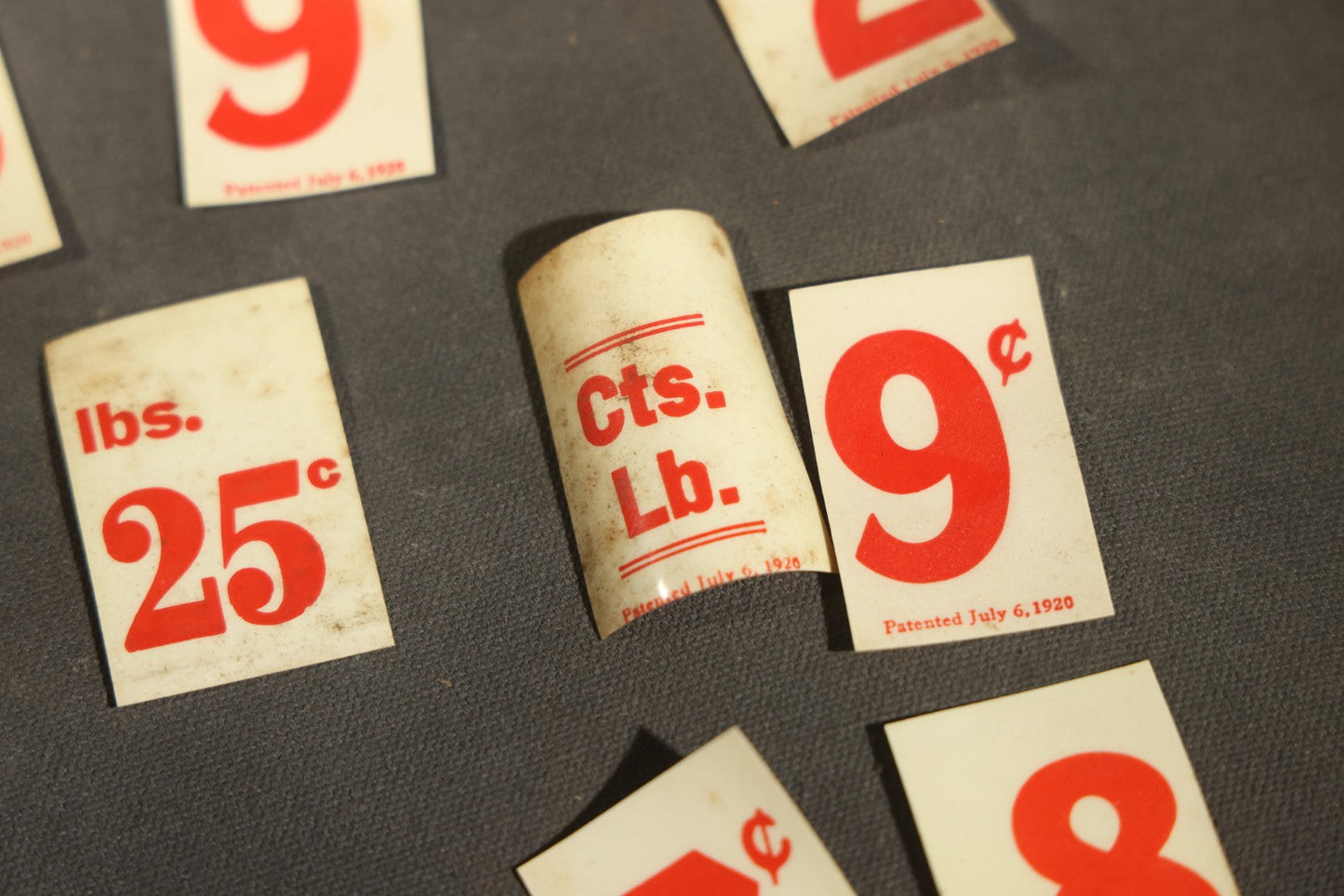 Pair of Antique Price Tag Number Sets in Wooden Storage Boxes, Patented July 1920