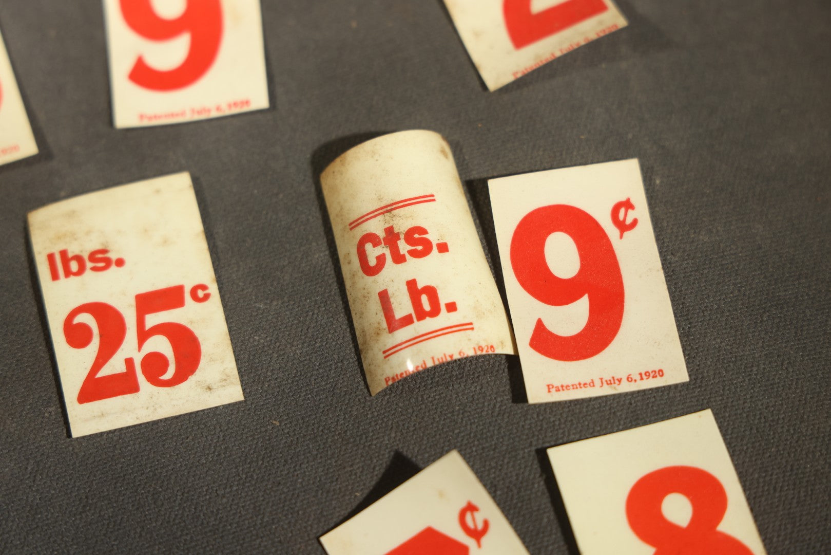 Pair of Antique Price Tag Number Sets in Wooden Storage Boxes, Patented July 1920