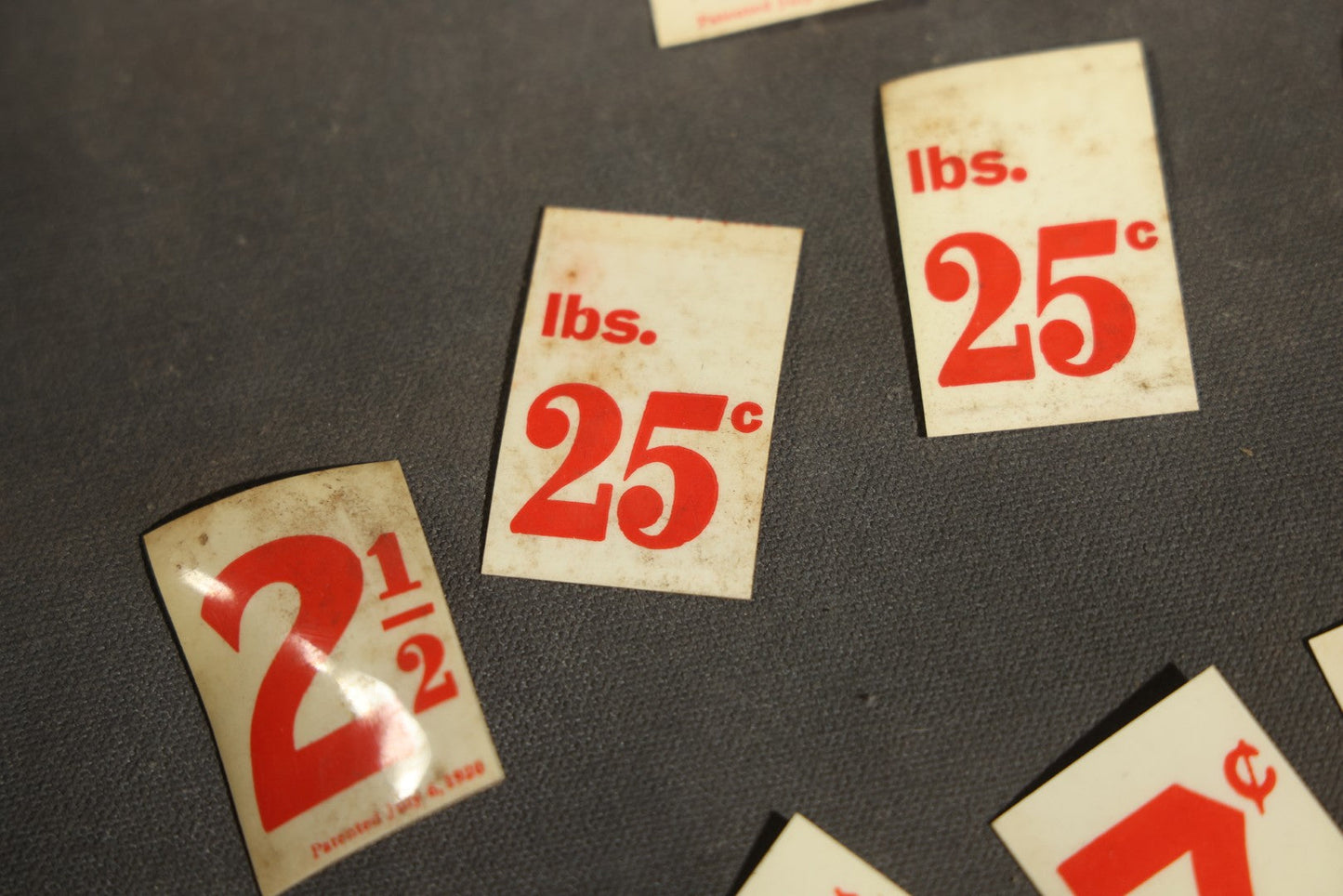 Pair of Antique Price Tag Number Sets in Wooden Storage Boxes, Patented July 1920