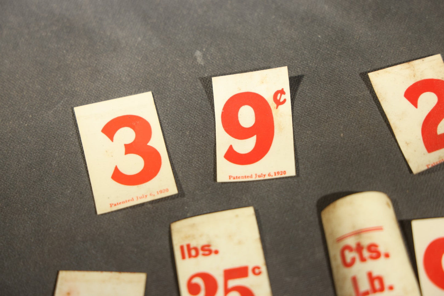 Pair of Antique Price Tag Number Sets in Wooden Storage Boxes, Patented July 1920