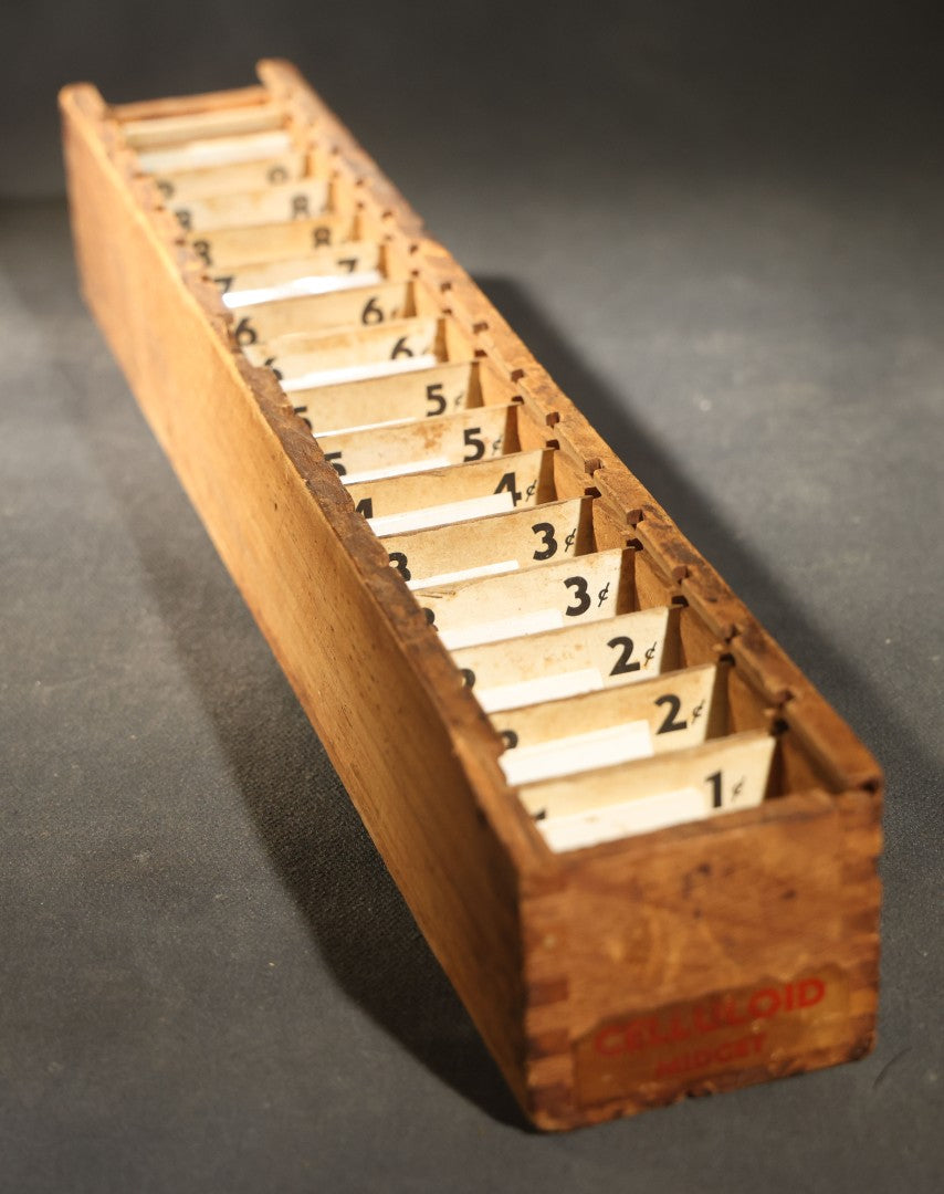 Pair of Antique Price Tag Number Sets in Wooden Storage Boxes, Patented July 1920