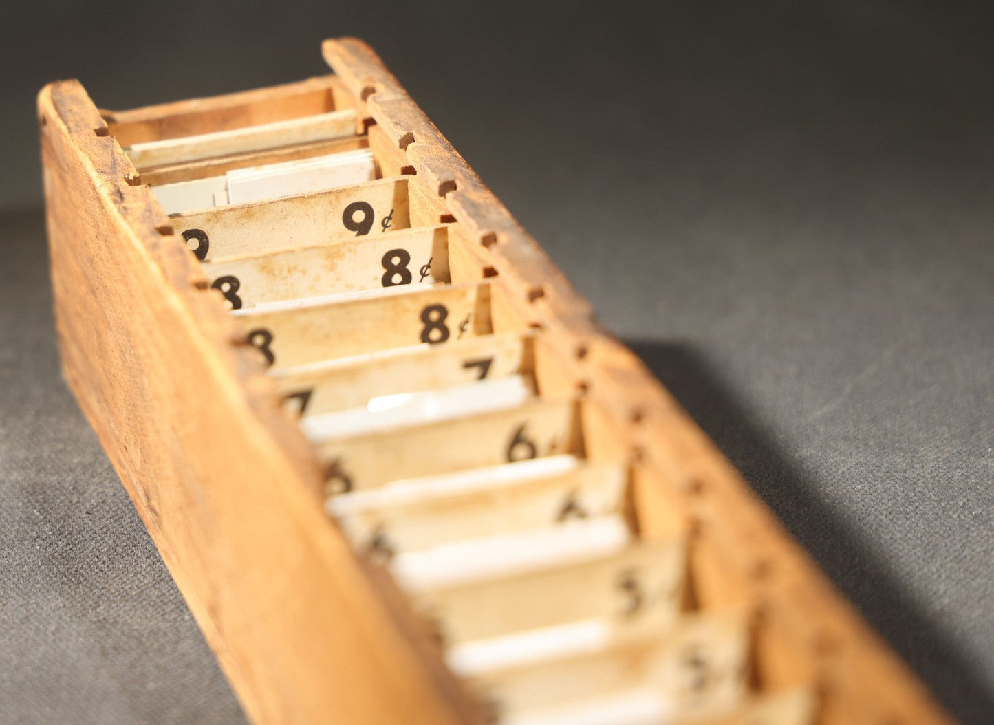 Pair of Antique Price Tag Number Sets in Wooden Storage Boxes, Patented July 1920