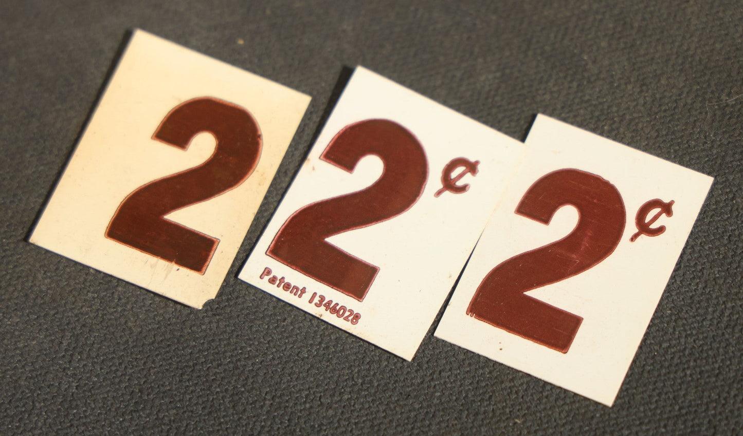 Pair of Antique Price Tag Number Sets in Wooden Storage Boxes, Patented July 1920