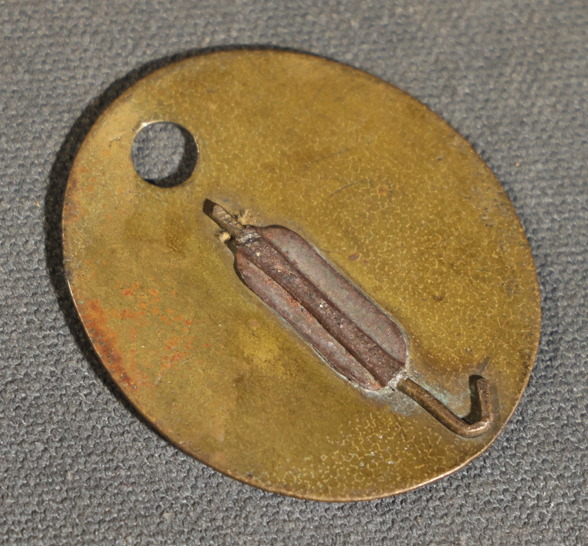 Grouping of four Vintage Railway Employee Badges and Tags including Walkway Over the Hudson Cantilever Bridge Pin, Pullman 19 C.E. Brass Tag, Baldwin A-3107 Special Photo emplopye ID badge, and Brakeman Metal Badge