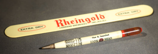 Pair of Vintage Advertising Items, Rheingold Beer Foam Scraper and Lion Head Motor Oil Pencil with real oil sample