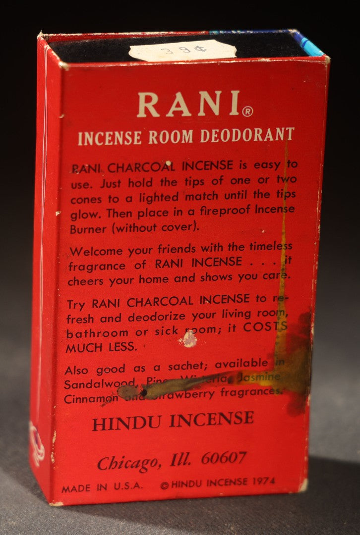 Trio of Vintage Novelty Boxes including Rani Hindu Incense Room Deodorant by Hindu Incense Chicago 1974, Snappy Stunts Adult Party Game by A. Master Brooklyn, and Select Confections by Universal Salesman Co.